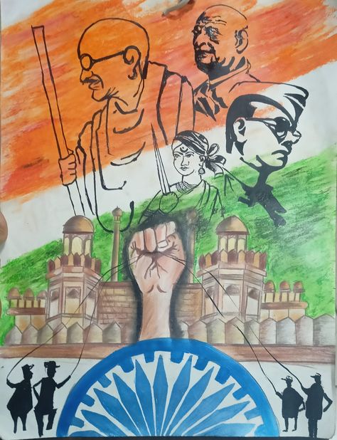 Freedom Fighter Drawing, Freedom Fighters Drawing, Indian Constitution Day, Value Drawing, Hard Drawings, Independence Day Poster, India Poster, Creative School Project Ideas, Drawing Competition