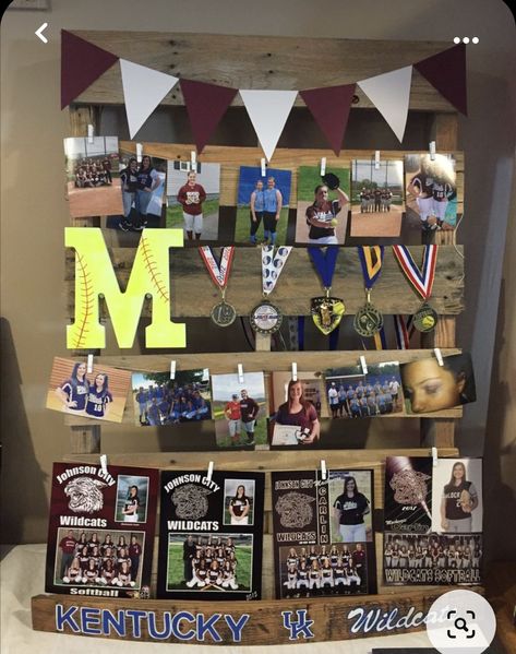 Senior Pallet Display, Pallet Senior Picture Display, Pallet Projects For Graduation Party, Graduation Boards Display, Grad Party Sports Display, Graduation Sports Display, Graduation Picture Boards Display, Pallet Picture Display Graduation, Pallet Graduation Display