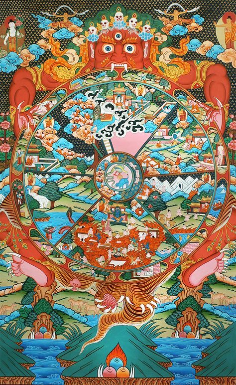 Thangk painting of the Buddhist wheel of life known as Samsara. Bhuddist Art, Wheel Of Life Buddhist, Buddhist Wheel Of Life, Buddhist Mandala, Buddhist Painting, Tibetan Mandala, Longest Day Of The Year, The Longest Day, Buddhist Philosophy