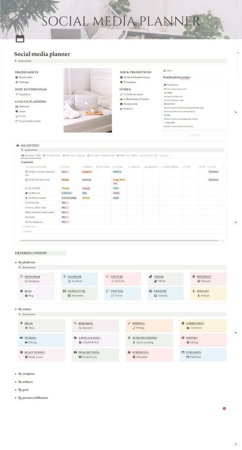 #notiontemplate #notiontemplatefree Instagram Planner Template, Notion Business Template, Tiktok Planner, Notion Calendar, Youtube Planner, Notion Business, Planner Content, Planner Youtube, Social Media Marketing Planner