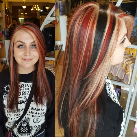 Chunky Multi Colored Highlights, Tri Color Chunky Highlights, Multi Color Hair Dye Ideas, Red Black And Blonde Hair, Highlight Hair Ideas, Calico Hair, Color Block Hair, Types Of Hair Color, Red Hair Looks