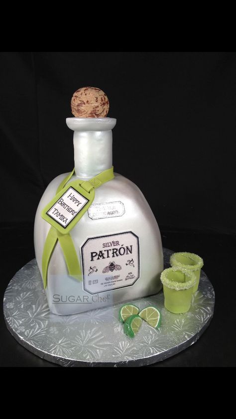 Patron bottle and shot glass birthday cake Liquor Bottle Cake, Tequila Cake, Margarita Cake, Birthday Cake For Husband, Bottle Cake, Cake For Husband, Patron Tequila, 21st Cake, Cake Wrecks