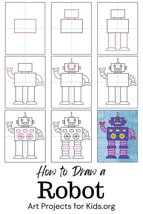 Learn how to draw a Robot with an easy step-by-step PDF tutorial. #howtodraw #tutorial #drawing #drawingtutorial #arttutorial #artprojectsforkids #howtodrawforkids #robot How To Draw A Robot Step By Step, How To Draw Robots Step By Step, How To Draw Using Shapes, How To Draw A Robot, Robot Drawing Easy, Robot Tutorial, Draw Robot, Steam Activities Elementary, Simple Robot