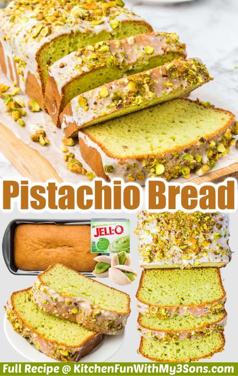 Breads For Easter, Pistachio Lemon Loaf, Pistachio Bread Recipe Simple, Pistachio Quick Bread, Pistachio Lemon Breakfast Bread, Green Baked Goods, Pistachio Bread With Box Cake, Pistachio Bread Recipe From Scratch, Quick Breads Made From Cake Mixes