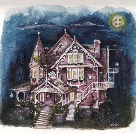 Coraline Watercolor, Pink Palace Apartments, The Pink Palace, Tim Burton Art, Pink Palace, Square Art, House Drawing, Watercolour Paper, Square Print