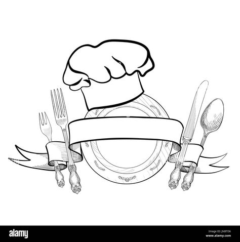 Download this stock image: Chef cook hat with fork, spoon, knife and plate hand drawing sketch label. Cutlery icon. Vector Catering and restaurant service insignia. Restaurant - JNBTD6 from Alamy's library of millions of high resolution stock photos, illustrations and vectors. Catering Services Logo, Cooking Logo Kitchen Art, Catering Logo Ideas, Hand Drawing Sketch, Restaurant Logos, Catering Logo, Fork Spoon Knife, Cooking Logo, Chef Logo