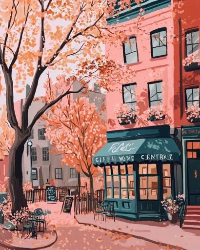 ↑↑↑ Larger size on website 🔸 The image depicts a charming street scene with a pink building housing a cafe called "Cafe Monde Cen Vintage Cafe Aesthetic, Autumn Cafe, Pink Building, Cafe Scene, Shop Street, Cozy Seating, Vintage Cafe, Street Scenes, Main Street