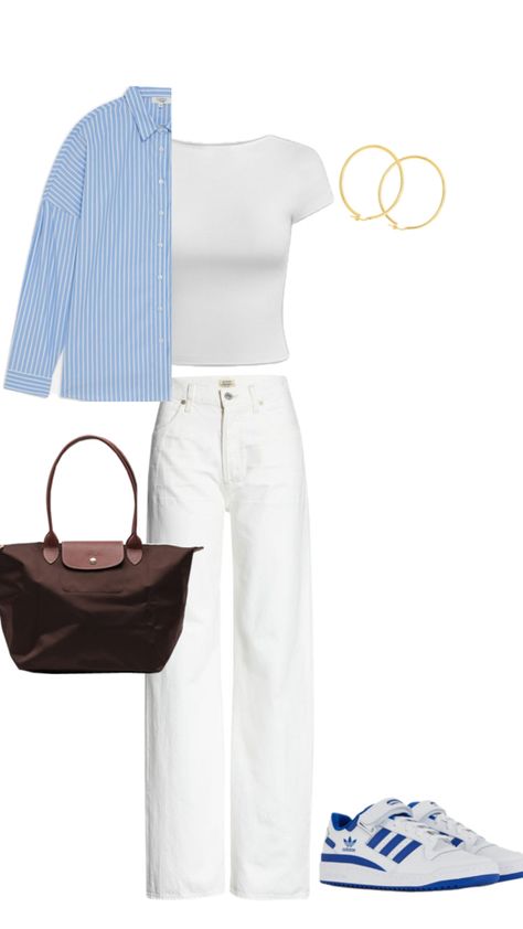 blue, outfit, white tee shirt, adidas low forum outfit, longchamp bag Outfits With Adidas Forum Low, Adidas Low Forum, Adidas Low, Adidas Forum Low, White Tee Shirt, Forum Low, Longchamp Bag, Back To School Outfit, Outfit White