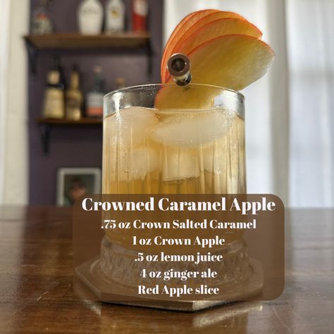 Discover the 'Crowned Caramel Apple' cocktail - a perfect autumn blend of Crown Salted Caramel and Crown Apple with a zesty touch of lemon and ginger ale. An easy, refreshing recipe for at-home bartenders, ideal for cozy evenings and seasonal gatherings. Savor the sweet and tangy flavors of fall in a glass! Salted Carmel Crown Recipe, Salted Caramel Crown Royal Drinks Recipes, Crown Drink, Crown Royal Drinks, Crown Apple, Salted Carmel, Apple Cocktail, Apple Drinks, Refreshing Food