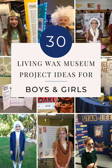 30 Living Wax Museum Project Ideas - Finding Mandee George Washington Wax Museum Project, Jane Goodall Wax Museum Project, Wax Muesem School Project, School Wax Museum Ideas, Living Museum Project Ideas, Famous Americans 2nd Grade, Babe Ruth Wax Museum Project, Henry Ford Wax Museum Project, Rosa Parks Wax Museum Project