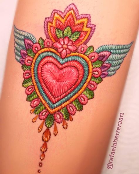 Mexican Mom Tattoo, Embroidery Heart Tattoo, Mexican Design Tattoo, Mexico Flower Tattoo, Traditional Mexican Tattoo For Women, Mexican Bird Tattoo, Embroidery Tattoos For Women, Feminine Mexican Tattoos, Embroidery Style Tattoo