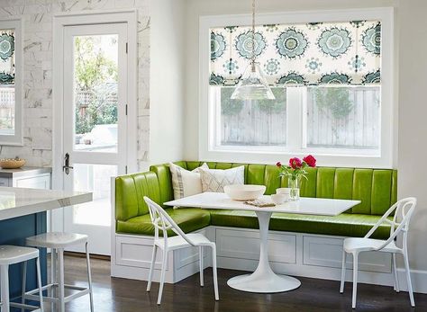 Green vinyl banquette Farmhouse Banquette Seating, Upholstered Banquette Seating, Banquette Cushions, Banquette Seating In Kitchen, Upholstered Banquette, Tulip Dining Table, Kitchen Banquette, Banquette Seating, Dining Nook