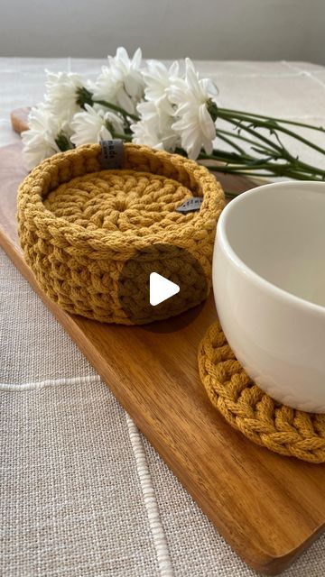 Iga | Modern crochet patterns and tips | Handmade home decor on Instagram: "Super simple and cute coaster set, this time in mustard color. 😊   Crochet pattern for Easy coasters with holder is available on my Etsy. Check the link in my bio 😊   All my crochet patterns are written in a beginner friendly way, showing detailed photos and using basic stitches. 🥰  ___________ #crochet #crocheting #crochetbeginner #crochethomedecor #crochetcoaster  #etsyselleruk #crochetpattern" Crochet And Wood Ideas, Crochet Coaster Holder, Crochet Coaster Set, Coasters With Holder, Basic Stitches, Cute Coasters, Modern Crochet Patterns, Crochet Home Decor, Modern Crochet