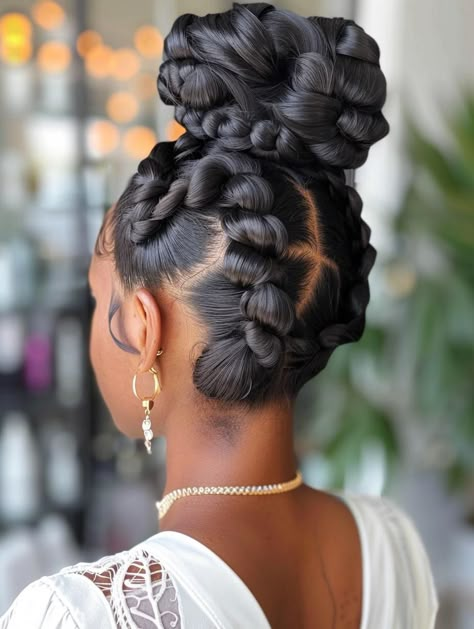 Stylish Braided Bun Hairstyles: From Knotless to French and Cute Kids' Style Fat Braids Hairstyles, Bun Black Hair, Braided Bun Black Hair, Braids Scalp, Updo Cabello Natural, French Braid Bun, Afro Hair Bun, Black Women Updo Hairstyles, Sleek Buns