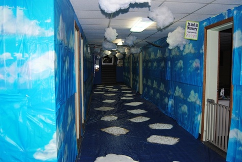 Our main hallway at Sky VBS! School Hallway Decorations, Missions Conference, Hallway Decorations, Blue Hallway, Hoco Ideas, School Hallways, Vbs 2024, Summer Jam, Vbs Ideas