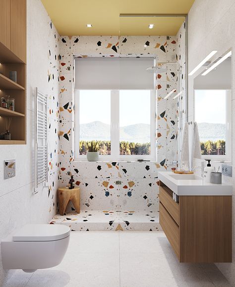 Terrazzo Bathroom Design, Terrazzo Bathroom, Small Bathroom Interior, Classic Bathroom, Bathroom Tile Designs, Bathroom Design Decor, Toilet Design, Bathroom Inspiration Decor, Upstairs Bathrooms