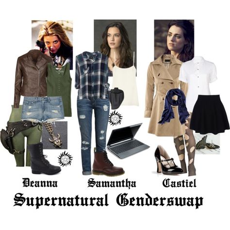 Supernatural Genderswap ~ Deanna (Dean), Samantha (Sam), and Castiel by alouette-cosette on Polyvore featuring Rails, Yohji Yamamoto + Noir, H&M, Equipment, Paige Denim, Theory, rag & bone, Charlotte Russe, Dr. Martens and Marc Jacobs Supernatural Costume, Supernatural Inspired Outfits, Supernatural Fashion, Supernatural Outfits, Supernatural Cosplay, Character Inspired Outfits, Tv Show Outfits, Fandom Fashion, Fandom Outfits