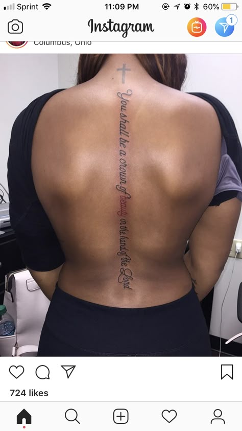 Blessed Spine Tattoo, Spinal Tattoo Women, Spinal Tattoo, Verse Tattoos, Black Girls With Tattoos, Spine Tattoos For Women, Religious Tattoos, Dope Tattoos For Women, Stylist Tattoos