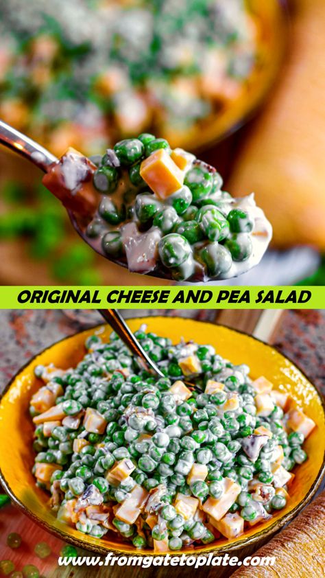 Original Cheese and Pea Salad - From Gate To Plate Green Pea Salad, Block Of Cheese, Pea Salad, Cheese Cubes, Cheese Salad, Bacon Cheddar, Crumbled Bacon, Egg Salad, Frozen Peas