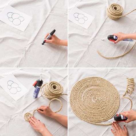 Make This Rope Rug With Only Three Materials via Brit + Co Diy Rope Design, Rope Rug, Canvas Drop Cloths, Rope Diy, Rope Crafts Diy, Diy Carpet, Rope Crafts, Diy Rug, Rope Design