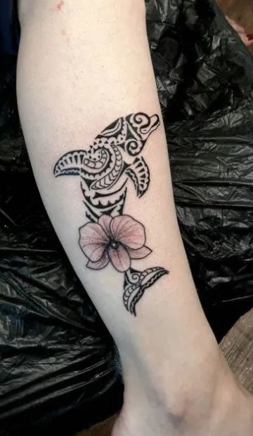 Dolphins And Flowers Tattoo, Flower Dolphin Tattoo, Dolphin Sea Turtle Tattoo, Cool Dolphin Tattoo, Dolphin Hawaiian Tattoo, Dolphin Flower Tattoo, Dolphin Tattoo Color, Dolphin Hip Tattoo, Dolphin Tattoo With Flowers