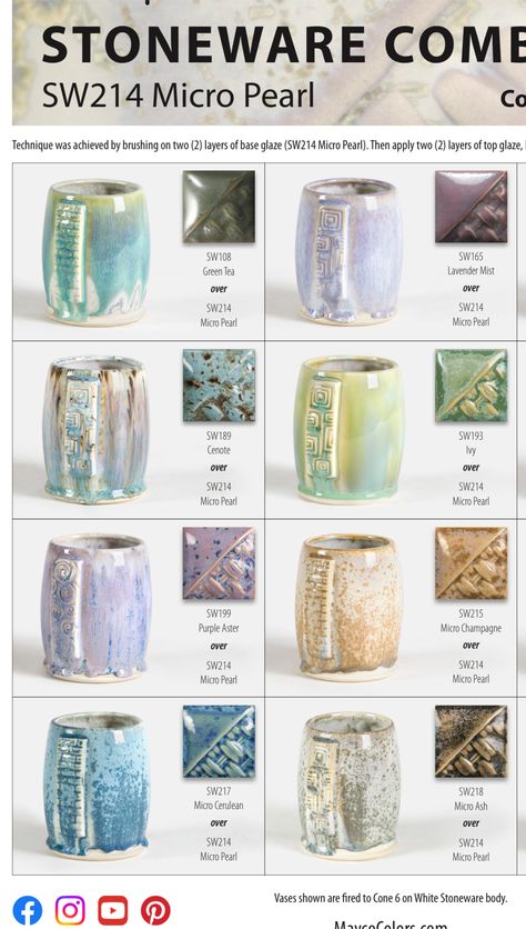 Mayco Micro Pearl Cone 6 Glaze Combos Micro Pearl Glaze Combinations, Pottery Glaze Recipes Cone 6, Clay Color Combinations, Glaze Mixes Ceramics, Mayco Elements Glaze Combinations, Frosted Lemon Glaze Combinations, Amaryllis Glaze Combinations, Cone 6 Glazes, Amaco Cone 5/6 Glaze Combos