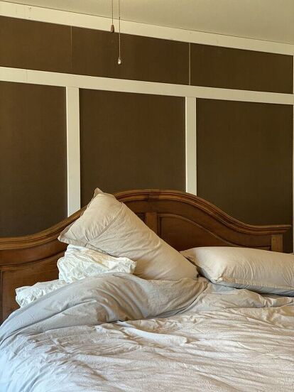 Master Feature Wall, Batten Bedroom Wall, Board And Batten Bedroom, Bedroom Makeover Diy, Diy Board And Batten, Messy Bed, Black Feature Wall, Brad Nailer, Solid Wood Dresser