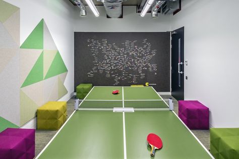 Inside, the office has a meeting room with a table tennis table. Table Tennis Room, Coworking Design, Table Tennis Game, Game Room Kids, Colorful Interior, Arcade Game Room, London Office, Running Track, Diy Home Cleaning