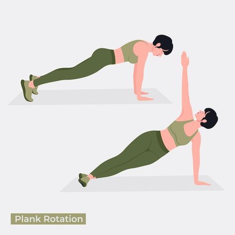 Vector plank rotation exercise woman wor... | Premium Vector #Freepik #vector #fitness-equipment #fitness #gym-illustration #trainer Plank Rotation, Reduce Body Fat Percentage, Woman Workout, Hip Raises, Body Fat Percentage, 6 Pack Abs, Reduce Body Fat, Russian Twist, Six Pack Abs