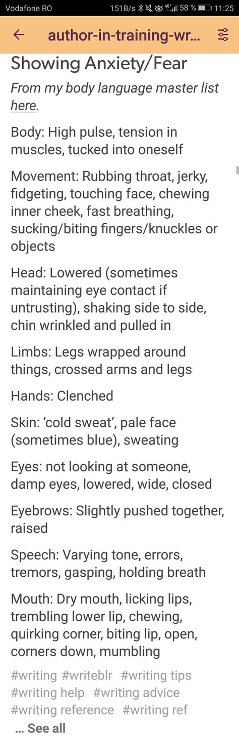 Show Not Tell Writing Examples, Writing Emotions Body Language, How To Write Fear, Fears For Characters, Character Description Writing Examples, Body Description Writing, Character Description Examples, Writing Fear, Tearing Paper