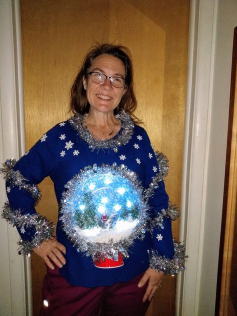 Created with a succulent dish for the globe Ugly Christmas Sweater Snow Globe, Snowglobe Ugly Christmas Sweater Diy, Ugly Christmas Sweater Diy, Christmas Sweater Diy, Ugly Christmas Outfit, Sweater Diy, Diy Ugly Christmas Sweater, Ugly Sweater Contest, Snow Globe