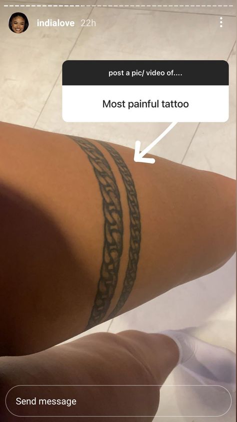 Tattoo Wrapping Around Thigh, Band Around Leg Tattoo, Leg Wrap Around Tattoos Women, Garter Tattoo Black Women, Girly Hip Tattoos, Thigh Bracelet Tattoo, Chain Link Tattoo For Women, Chain Tattoo Thigh, Thigh Cuff Tattoo Black Women