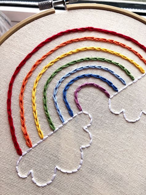 Hand Embroidered Rainbow, Back Stitch Embroidery Design, Back Stitch Design, Rainbow Embroidery Pattern, Easy Embroidery Designs, Embroidery For Kids, Embroidery Rainbow, Towel Embroidery Designs, Embroidered Rainbow