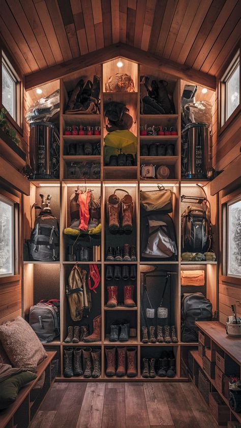 A tiny home with an adventure storage wall, neatly organizing camping gear and outdoor essentials. Gear Wall Storage, Camping Gear Wall, Outdoor Gear Organization, Outdoor Gear Storage, Gear Organization, Tiny Home Living, Adventure Room, Gear Wall, Gear Room