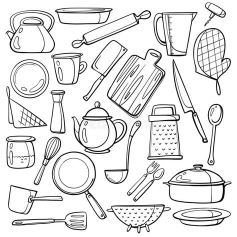 A set of kitchen utensils. Cooking accessories. Linear image. royalty free stock images Utensil Clipart, Utensil Illustration, Utensils Illustration, Kitchen Utensils Drawing, Kitchen Utensils Illustration, Doodle Art Kitchen Utensil, Cooking Accessories, Kitchen Utensils, Image Illustration