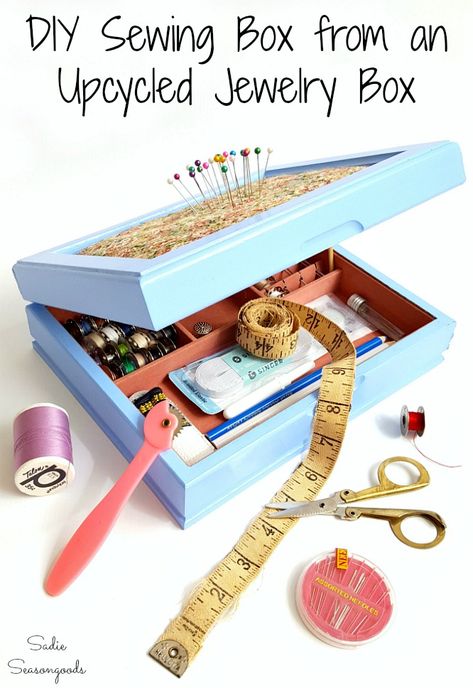 Find a mens valet box or mens jewelry box at the thrift store? Upcycle it into a perfect little sewing box or sewing kit box to store all your sewing supplies and sewing notions- and if it has an upholstered top, you can use it as a built in pin cushion! How great is that? Get all the repurposing and upcycling ideas and details from Sadie Seasongoods at www.sadieseasongoods.com . #sewingkit #sewingbox #sewingsupplies #organization #organize #organizer #storage #craftroomorganization #craftroom Sewing Kit Organizer, Sewing Kit Tutorial, Sewing Kit Box, Diy Pin Cushion, Mens Valet, Thrift Store Upcycle, Mens Jewelry Box, Sewing Room Organization, Trendy Sewing