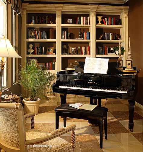 Music/Sitting Rooms @ http://www.getdecorating.com/music_rooms.cfm?profile=21364=1=1 Piano Room Design, Grand Piano Room, Piano Living Rooms, Home Library Rooms, Home Music Rooms, Piano Decor, Music Studio Room, Library Room, House Updates