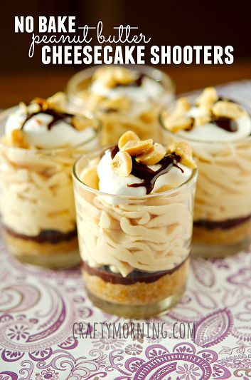 no bake peanut butter cheesecake recipe Desserts Shooters, Shooter Desserts, No Bake Peanut Butter Cheesecake, Cup Desserts, Peanut Butter Cheesecake Recipes, Dessert Shooters Recipes, Cheesecake Shooters, Shot Glass Desserts, Shooter Recipes