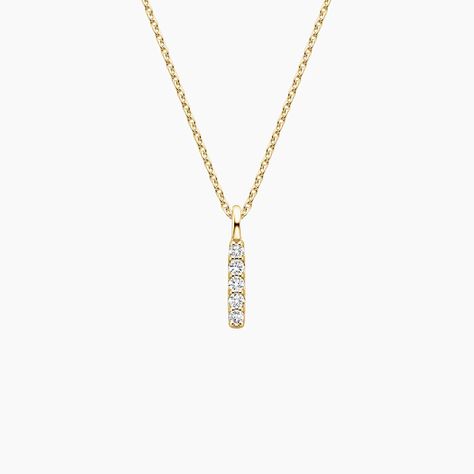 Vertical Pavé Bar Diamond Pendant - 14K Yellow Gold. A delicate gold vertical bar is adorned with pavé-set diamonds, creating a beautifully simple necklace that is perfect for everyday wear. The length of the chain can be adjusted to 16 or 18 inches to suit individual preference (1/15 total carat weight). Gold Bar Necklace Engraved, Gold Bar Necklace Personalized, Diamond Bar Necklace, Engraved Bar Necklace, Vertical Bar Necklace, Pearls Jewelry, Diamond Necklace Designs, Vertical Bar, Gold Bar Necklace