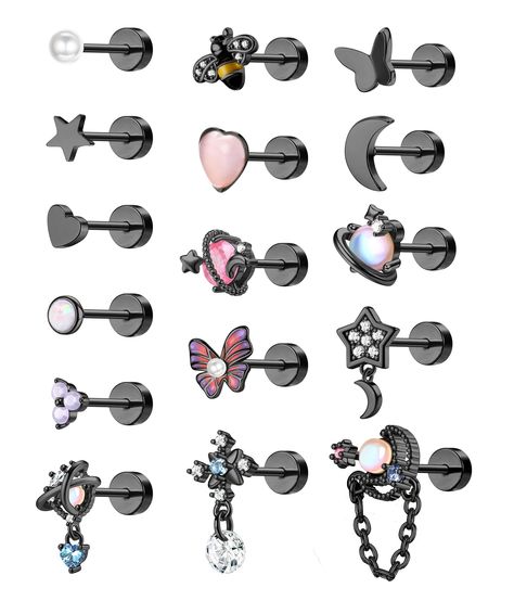 PRICES MAY VARY. 【Economical Cartilage Earrings Set】:You can get 16pcs stainless steel cartilage piercing jewelry for women with one order,including opal heart tragus earrings,dangle CZ moon tragus piercing jewelry,butterfly screw back earrings,etc.There's enough different styles to match any outfit or costume you are wearing. 【Multiple Piercing Type】:Flat back earrings contain two gauge types:20G(0.8mm) and 16G(1.2mm), screwback diameter:5mm,bar length:5mm.Different gauge types give you more we Ashley Piercing, Ear Peircings, Daith Piercing Jewelry, Tragus Piercing Jewelry, Earrings Cartilage, Jewelry Butterfly, Cartilage Piercings, Tragus Stud, Tragus Conch