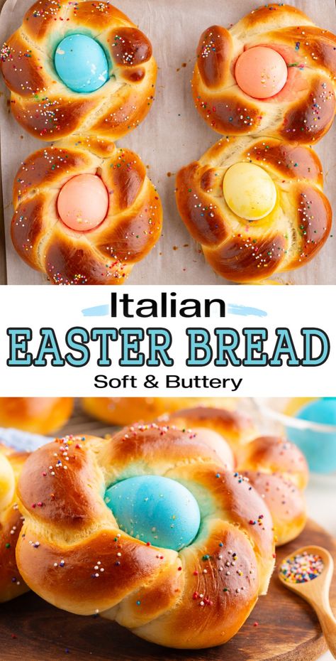 This traditional Italian Easter Bread recipe is a soft sweet bread with a coloured egg baked into the middle for a festive and beautiful touch to your Easter holiday. Impress your friends and family with this homemade Easter bread, that tastes just as good as it looks. Holiday Entrees, Easter Bread Recipe, Italian Easter Bread, Italian Easter, Easter Bread, Dessert Bread, Baked Eggs, Sweet Bread, White Bread