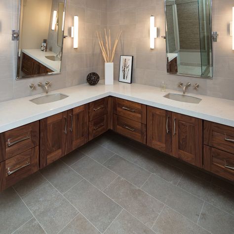 Custom mirrors match the cabinets - Contemporary - Bathroom - Boise - by Strite Design + Remodel | Houzz L Shaped Vanity Bathroom, L Shaped Bathroom Vanity, L Shaped Vanity, L Shaped Bathroom, Alaska Cabin, Beach Style Bathroom, Lake Retreat, Bathroom Cabinetry, Vanity Bathroom