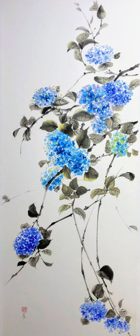 Large Hydrangea, Painting Japanese, Chinese Flowers, Japanese Ink Painting, Hydrangea Painting, Hydrangea Bush, Japanese Watercolor, Wine Glass Crafts, Japanese Gifts