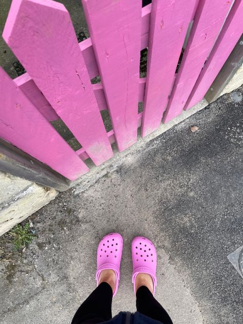 Pink crocs with pink fence “Taffy pink” (Image credit: Isobel Whittington) #shoes #fashion #2023 #crocs #pink #original #trending #aesthetic #comfy #summer #summerstyle #summervibes Pink Croc Aesthetic, Crocs Pink Aesthetic, Pink Crocs Outfit, Pink Sparkly Crocs, Pink Fuzzy Crocs, Taffy Pink Crocs, Crocs Outfit, Pink Crocs, Pink Images