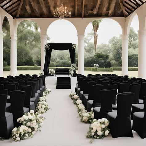 28 Ideas for an All Black Wedding Theme - Yeah Weddings Black Wedding Arch Ideas, Black Tie Wedding Ceremony, Black And White Ceremony Decor, Black Wedding Aisle, All Black Wedding Reception, Black Wedding Backdrop, Black Wedding Ceremony, Black Barn Wedding, Black Tie Wedding Theme