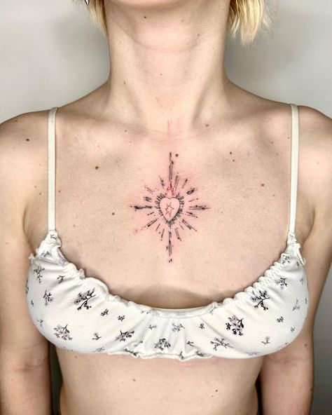 Sacred Heart Tattoo On Chest, Sacred Heart Chest Tattoo Female, Sacred Heart Sternum Tattoo, Sacred Heart Tattoo Chest, Heart On Chest Tattoo, Pierced Heart Tattoo, Sacred Heart Tattoo Women, Heart Star Tattoo, Sacred Heart Tattoo Mexican