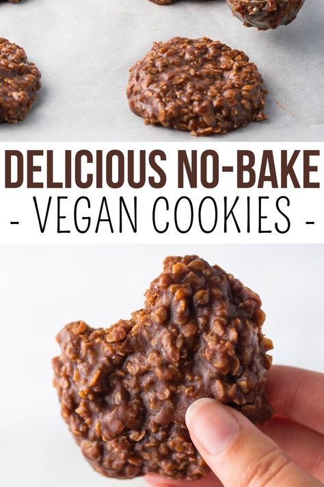 Chocolate Vegan No-Bake Cookies made with peanut butter and oats. These vegan cookies are super easy and quick to make using only simple ingredients. Chocolate and peanut butter is a flavor combination made in heaven, especially when it comes to cookies. If you agree, you’ll love these vegan no-bake chocolate chip peanut butter cookies! Easy Oil Free Vegan Dessert, Dinner Ideas For Vegans, Vegan Peanut Butter Desserts, Vegan Cookies Without Butter, No Sugar Vegan Desserts, Vegan Ginger Snaps, Easy Vegan Peanut Butter Cookies, The Best Vegan Cookies, Few Ingredient Vegan Meals