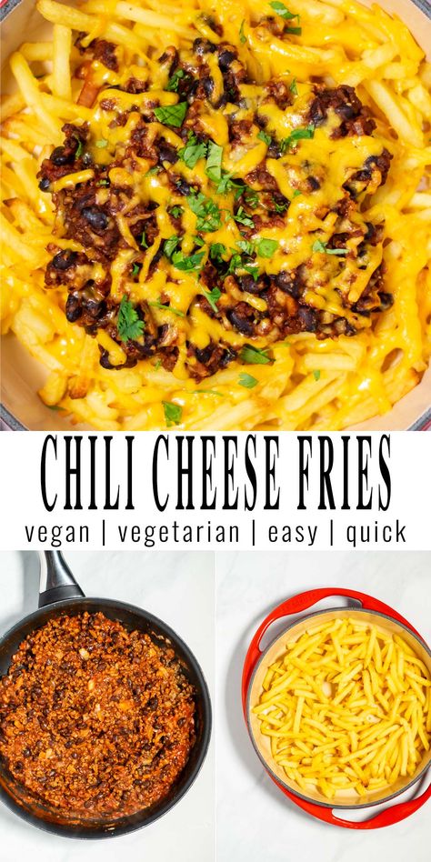 Chili Cheese Fries Loaded Chilli Cheese Fries, Vegan Chili Fries, Loaded Chili Cheese Fries, Chili Cheese Fries Vegetarian, Chili Cheese Fries Recipe, Cheese Fries Recipe, Vegan Cheddar Cheese, Vegan Ground Beef, Clean Eating Vegan