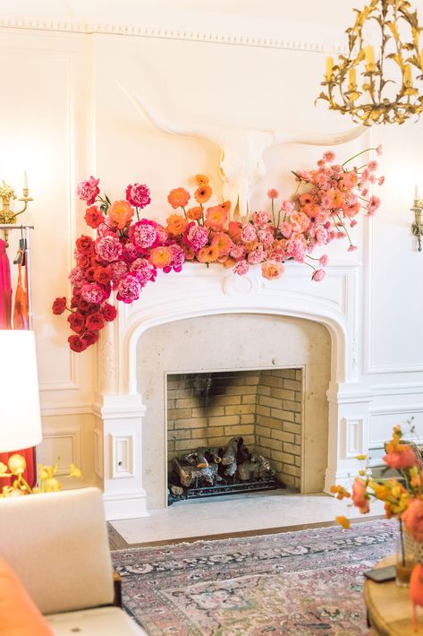 Fireplace Floral Installation, Fireplace Arrangements Wedding, Wedding Decor Fireplace, Fireplace Florals Wedding, Wedding Mantle Flowers, Wedding Mantle Decor, Fireplace Wedding Decor, Wedding Fireplace Decorations, Wedding Decorations Colorful