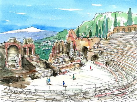 Taormina Sicily Italy, Drawing And Watercolor, Town Drawing, Taormina Sicily, Architecture Sketches, Italy Art Print, Watercolor Architecture, Roman Forum, Travel Painting